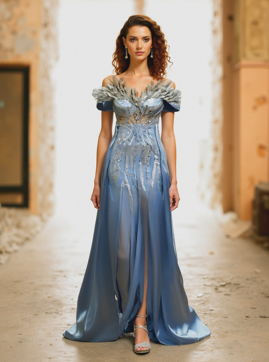 Blue off-shoulder embellished gown @ Studio by hautech.ai