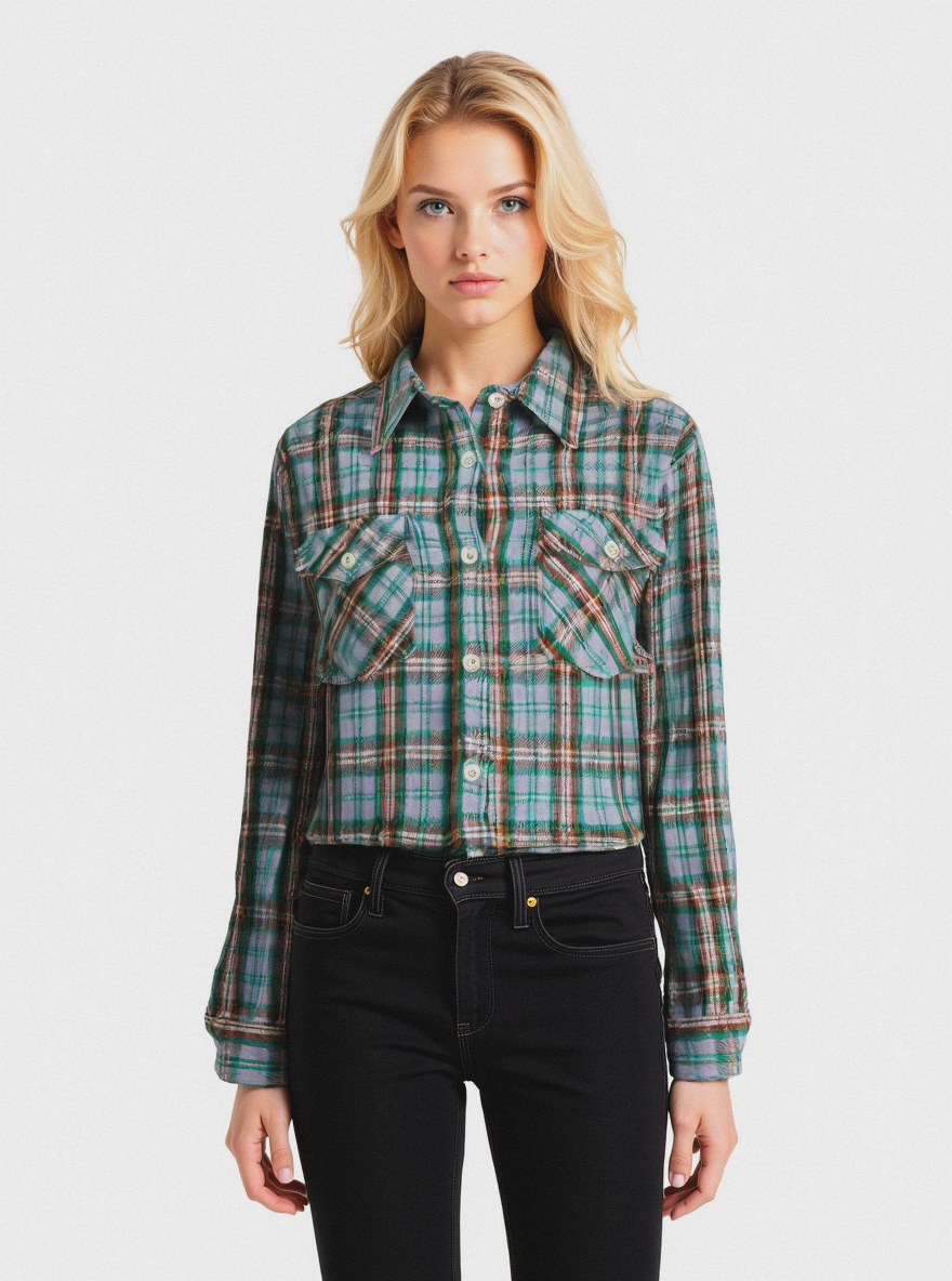 Purple green plaid flannel shirt @ Studio by hautech.ai