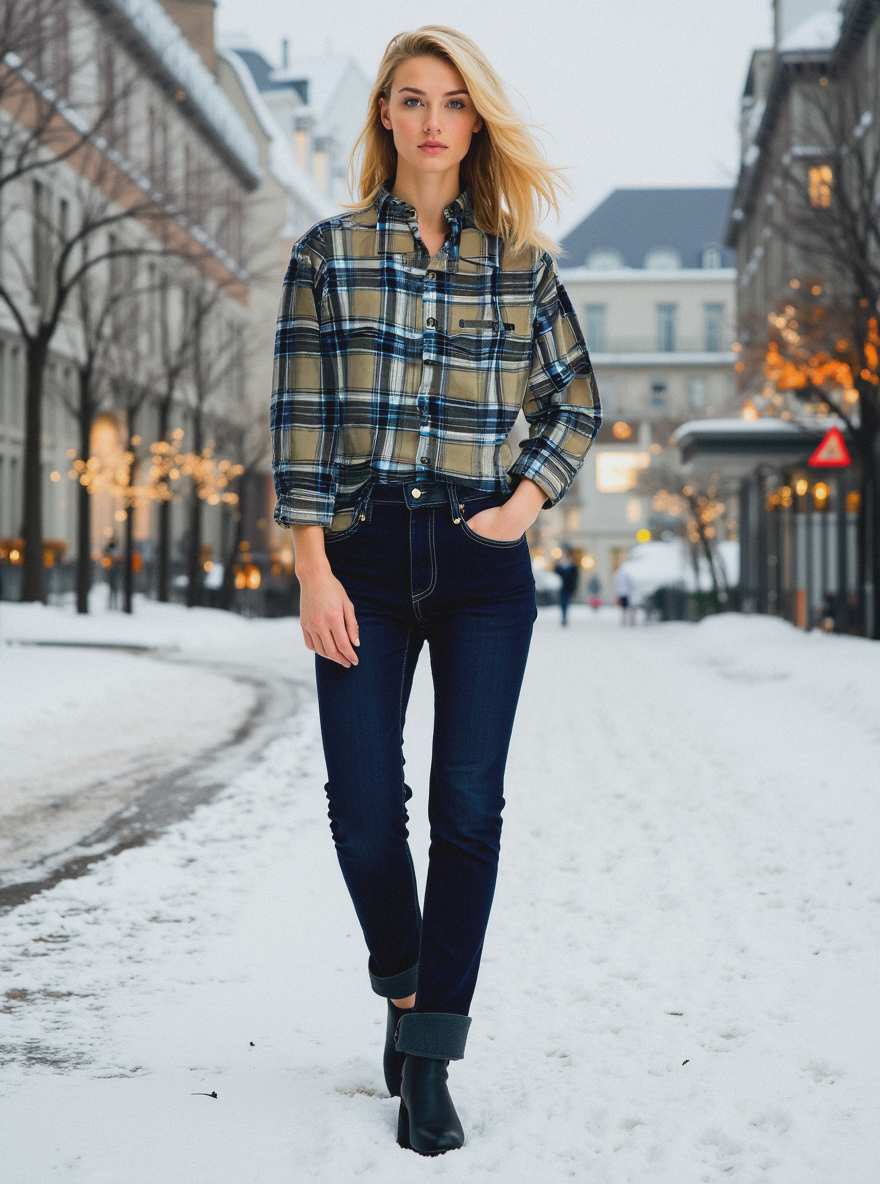Tan blue plaid button-up shirt @ Studio by hautech.ai